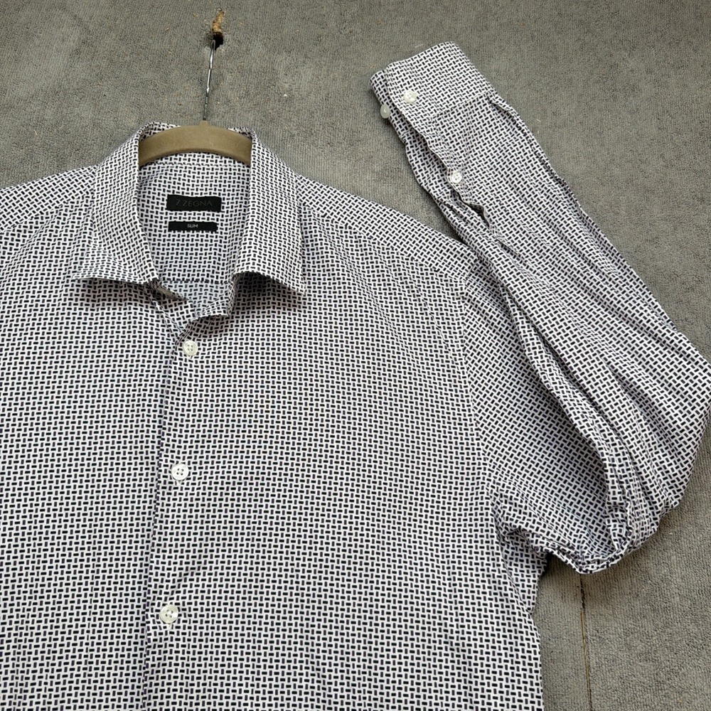 Z‎ Zegna Slim Fit Dress Shirt 17 43 White Geometric Spread Collar